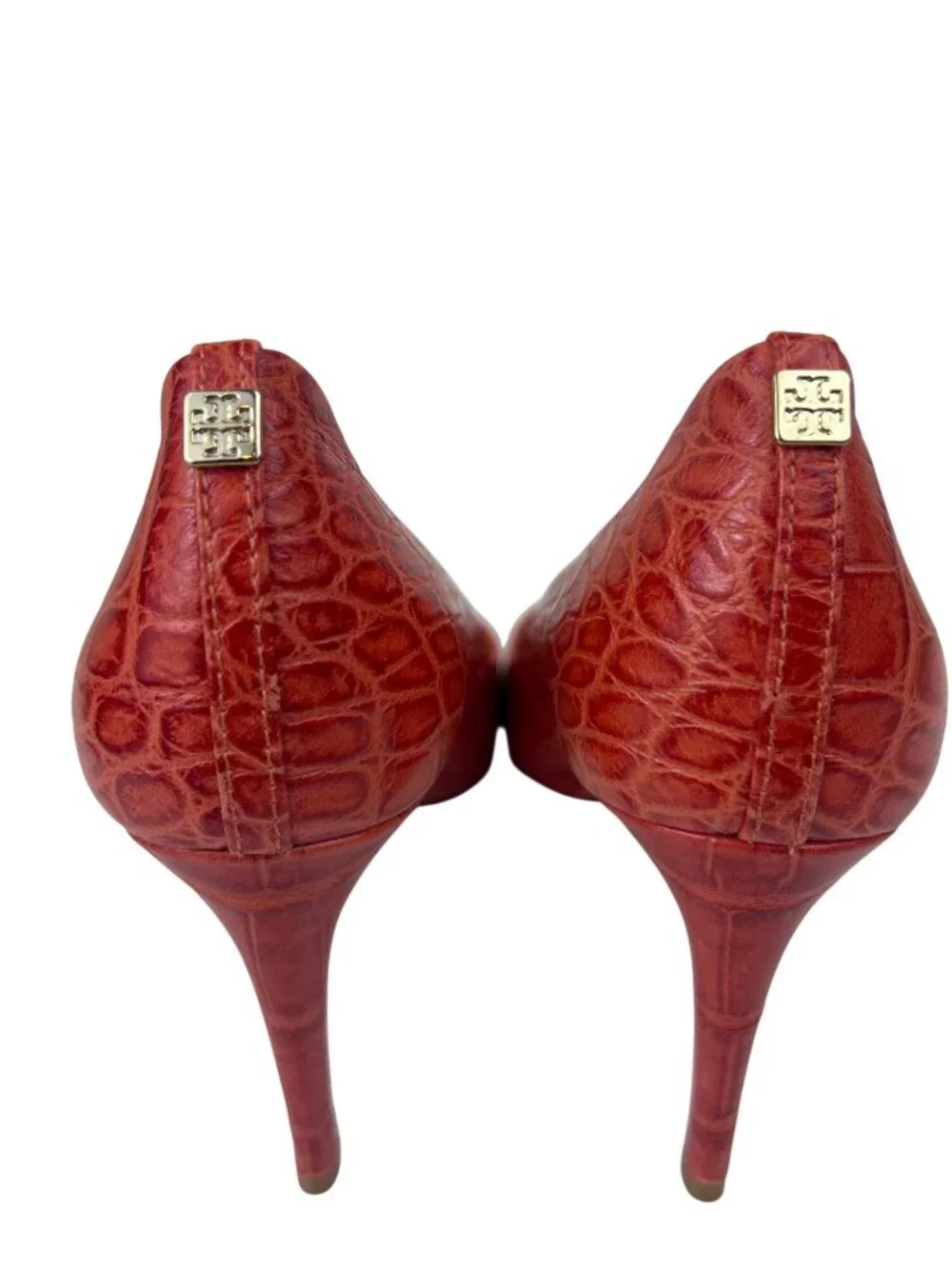 Tory Burch Stiletto High Heels Sz 7M Coral Red Croc Embossed Leather Pointed Toe